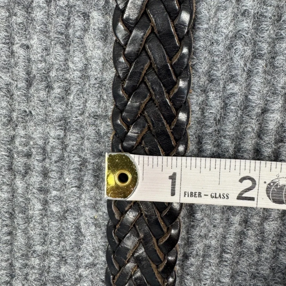 Black Woven Leather Braided Belt Womens M Solid Brass Buckle Classic